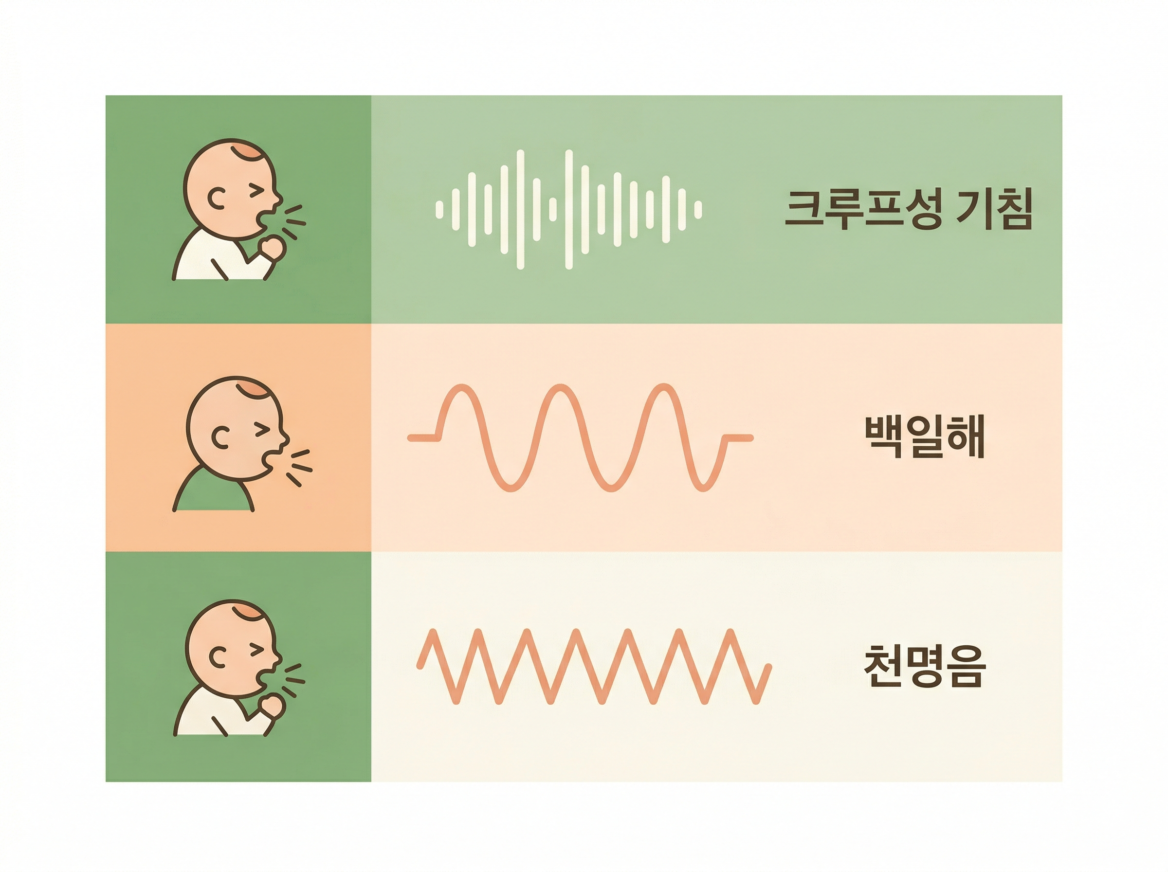 기침 소리 유형별 원인 — 컹컹(크루프), 쌕쌕(천식), 백일해(100일 기침)